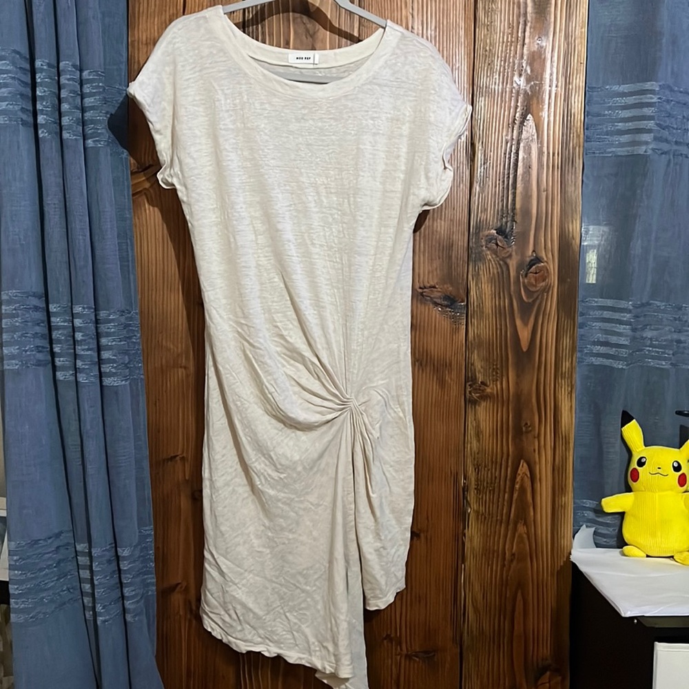 Mod Ref 100% Linen Asymmetrical Hem Knot Front Dress